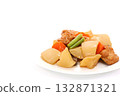 Boiled root vegetables: daikon radish, carrots, and fish cakes on a light background 132871321