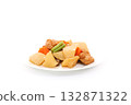 Boiled root vegetables: daikon radish, carrots, and fish cakes on a light background 132871322
