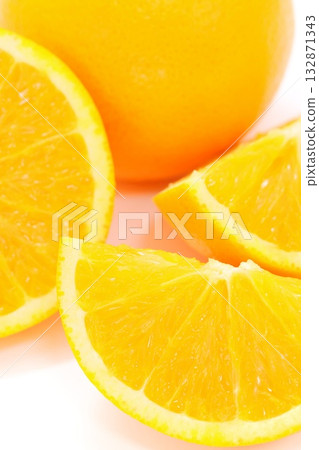 Orange citrus fruit cut cross section light background Orange citrus fruit cut cross section light background 132871343