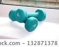 Two 2-kilogram sea-green dumbbells lying on top of each other on a windowsill 132871378