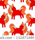 A pattern of a cartoon red horse with a garland of daisies 132871480