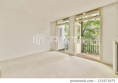 Light-filled empty room features open doors leading to a green view. The minimalist design creates a spacious and inviting atmosphere. 132871675