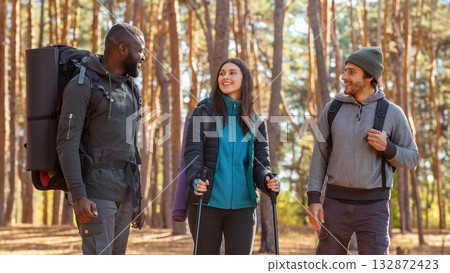 Happy international hikers talking while going by forest, friendship concept 132872423