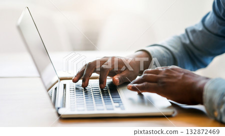 Hands of unrecognizable african american businessman typing on laptop keyboard in office, closeup with copy space, panorama 132872469