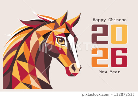 Chinese New Year 2026 card with geometric horse head. Festive banner.  132872535