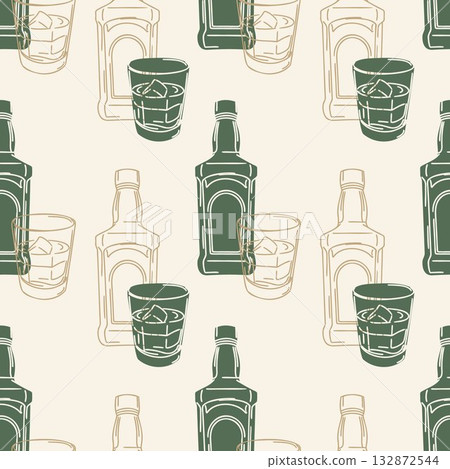 Vintage seamless pattern of hand drawn whiskey bottles and glasses with ice cubes. Drink background. Vintage seamless pattern of hand drawn whiskey bottles and glasses with ice cubes. Drink background. 132872544