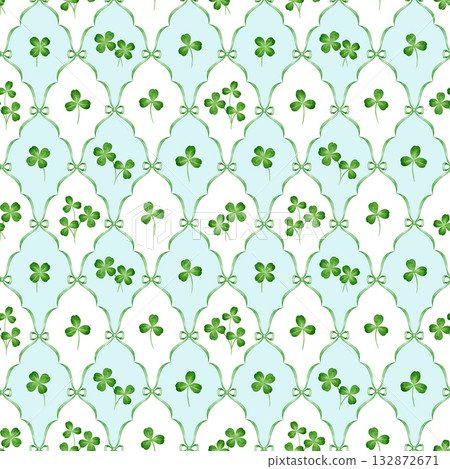 Shamrock leaves seamless pattern tile design element. Hand drawn green clover leaf elegant pattern watercolor illustration floral decoration for packaging, paper wrapping, spring mood designs. Shamrock leaves seamless pattern tile design element. Hand drawn green clover leaf elegant pattern watercolor illustration floral decoration for packaging, paper wrapping, spring mood designs. 132872671