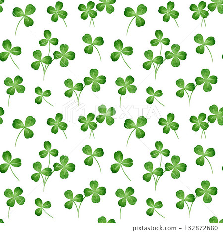Green clover leaves on white background seamless pattern design element. Hand drawn shamrock leaf seamless pattern watercolor illustration floral decoration 132872680