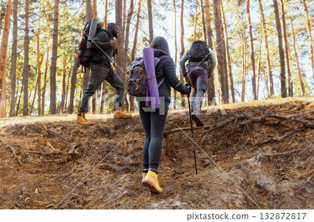 Three young friends with their backpacks climbing up on hiking trip in forest, back view 132872817