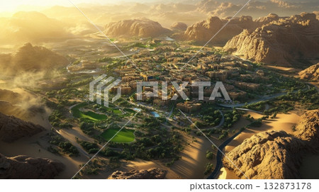 The breathtaking landscape features a vibrant oasis city nestled amidst towering mountains and golden sands The breathtaking landscape features a vibrant oasis city nestled amidst towering mountains and golden sands 132873178
