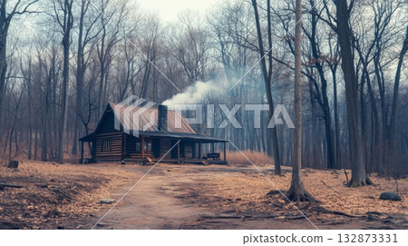 A rustic log cabin is nestled among tall, bare trees. Smoke rises from its chimney, hinting at warmth inside. 132873331