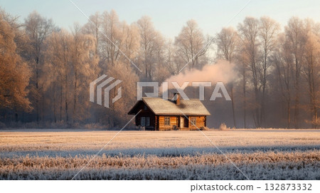 A charming wooden cabin sits alone in a snow-covered field, with smoke curling from its chimney. Frosty trees blanket the landscape, creating a serene winter atmosphere in the soft morning light. 132873332