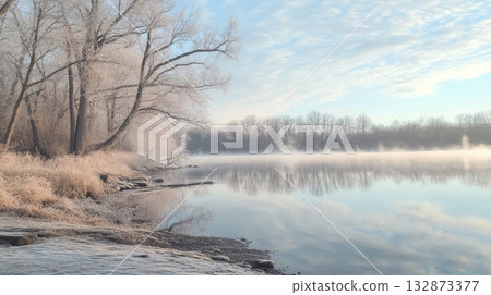Early in the morning, the peaceful lakeside is blanketed in frost. Mist rises from the water, contrasting with bare trees and soft blue skies, creating a serene winter setting. 132873377