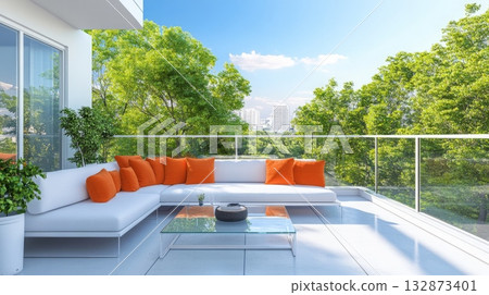 A stylish outdoor lounge area features a white sofa adorned with vibrant orange cushions. Lush greenery and a distant cityscape create a serene backdrop under a bright blue sky. 132873401
