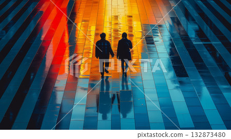 A man and a woman walking side by side down a city street. 132873480