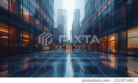 A deserted city street lined with tall buildings in the background. 132873481