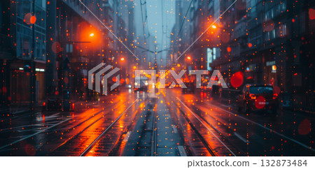 A city street filled with cars and buses, navigating through heavy rain, creating a bustling and congested scene. 132873484