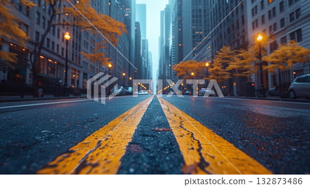 A city street with a bright yellow line painted in the center, indicating traffic flow and parking restrictions. 132873486