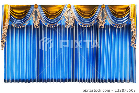 Theater curtain, classic elegant blue window curtain, isolated on white background. 132873502