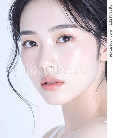 Beautiful profile of a young woman, radiant skin illuminated by soft light 132873596