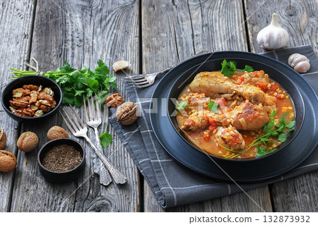 Chakhokhbili, Georgian chicken stew in a bowl 132873932