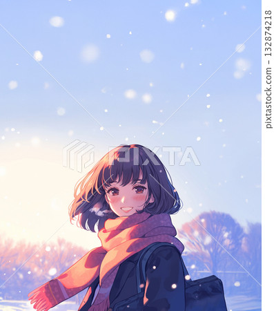 高中女生在冬雪中微笑的AI影像 132874218