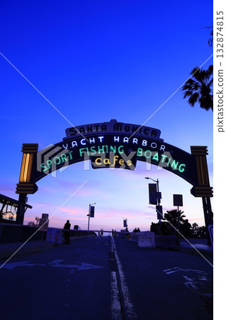 Santa Monica Pier sign during magic hour 132874815
