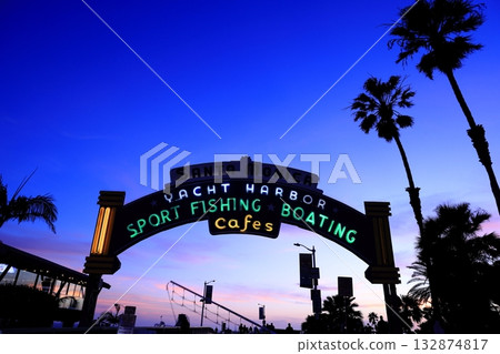Santa Monica Pier sign during magic hour 132874817