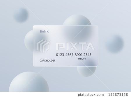 Modern credit card mockup in glass morphism style with soft translucent design, floating spheres and light pastel background 132875158