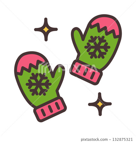 Vector icon of warm mittens with snowflakes on a white background 132875321