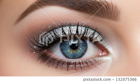 A high-detail, professional close-up photograph of a female eye with perfectly blended diamond eyeshadow, showcasing professional makeup artistry 132875366