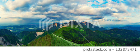 Alpine mountains - view from Golica peak in Karavanke range, Slovenia. Panoramic view 132875471