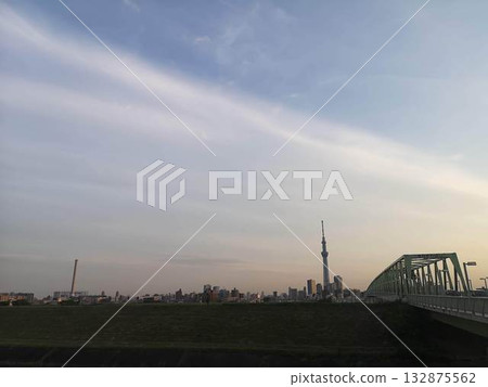 Tokyo Skytree and the chimneys of the Sumida Incineration Plant can be seen in the distance 132875562