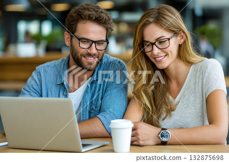 Young Couple Working Together Confidently on Laptop in Modern Cozy Workspace, Sharing Ideas and Digital Collaboration 132875698