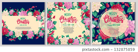 A colorful background for an invitation or greeting card for Christmas and new year. A traditional Christmas poinsettia plant on a blue background. Vector illustration 132875859