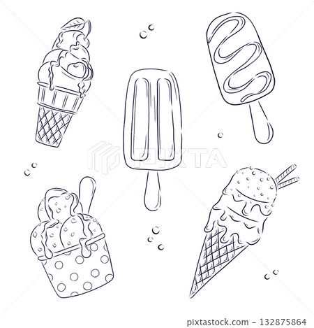A set of different ice cream on a white background. Ice cream in cups, on a stick. Hand drawing, doodle, line drawing. Isolated vector summer illustration for the design of textiles, banners, posters. A set of different ice cream on a white background. Ice cream in cups, on a stick. Hand drawing, doodle, line drawing. Isolated vector summer illustration for the design of textiles, banners, posters. 132875864