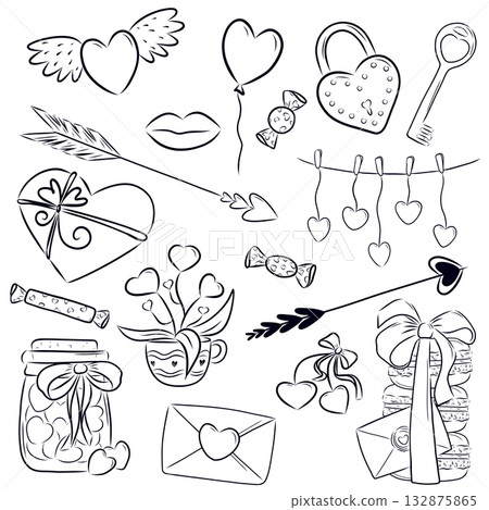 A set of items for Valentine's Day. Hand-drawing, doodles, line drawing. The concept of romance, love. Isolated vector illustration for the design of postcard, textile, banner, poster 132875865