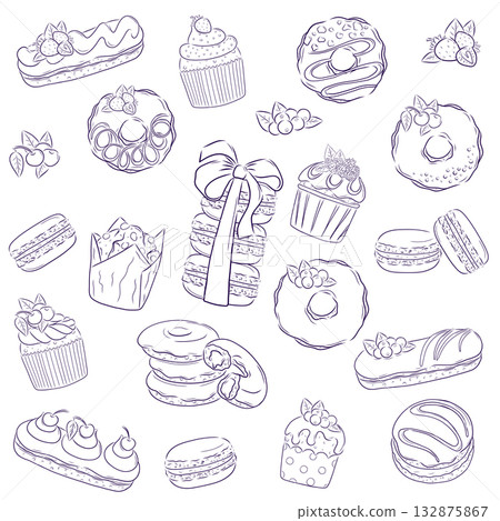 A set of delicious desserts on a white background. Eclair, muffin, cupcake, donut, cake. Hand drawing, doodle, line drawing. Isolated vector illustration for the design of postcards, banners, posters A set of delicious desserts on a white background. Eclair, muffin, cupcake, donut, cake. Hand drawing, doodle, line drawing. Isolated vector illustration for the design of postcards, banners, posters 132875867