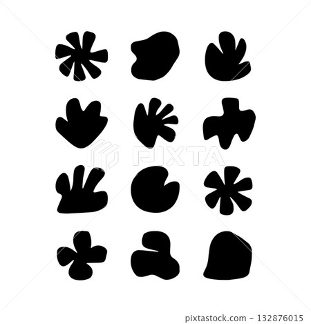 Unique abstract black shapes arranged in a grid pattern on a white background for artistic expression Unique abstract black shapes arranged in a grid pattern on a white background for artistic expression 132876015