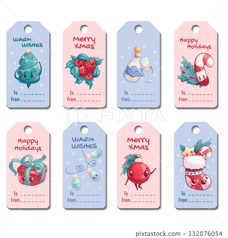 A set of cute gift tags for printing for Christmas, for discounts and sales. Smiling characters on a blue and pink background. Vector children's illustration 132876054