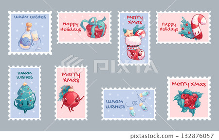 A set of cute Christmas postage stamps with holiday elements. Smiling characters on a blue and pink background. Prints for postcards and textiles. Isolated vector children's illustration 132876057