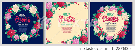 A set of colorful backgrounds for an invitation or greeting card for Christmas and new year. The traditional Christmas poinsettia plant. Vector illustration for the design of postcard, banner, poster 132876062
