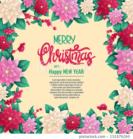 A colorful background for an invitation or greeting card for Christmas and new year. The traditional Christmas poinsettia plant. Vector illustration for the design of postcards, banners and posters 132876260