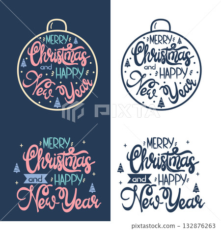 Handwritten inscription "Merry Christmas and Happy New Year". Lettering text for postcard, cover, poster, banner. The concept of winter, a holiday. Vector illustration on a light and dark background. Handwritten inscription "Merry Christmas and Happy New Year". Lettering text for postcard, cover, poster, banner. The concept of winter, a holiday. Vector illustration on a light and dark background. 132876263