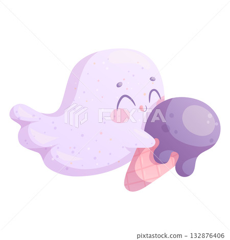 Cute smiling ghost with ice cream on a white background. Halloween. Isolated vector illustration for the design of postcards, postcards for printing, textiles, stickers Cute smiling ghost with ice cream on a white background. Halloween. Isolated vector illustration for the design of postcards, postcards for printing, textiles, stickers 132876406