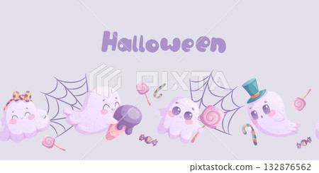 Seamless Halloween border with cute little ghosts with sweets, cobwebs. Money or life. Vector illustration for postcards, posters, banners, websites Seamless Halloween border with cute little ghosts with sweets, cobwebs. Money or life. Vector illustration for postcards, posters, banners, websites 132876562
