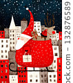 Cute Santa with Sleigh and Reindeer in Winter City 132876589
