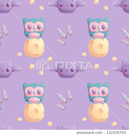 Seamless Halloween pattern. A cute bat flies among the stars, an owl sits on the moon on a purple background. Cartoon children's vector illustration for postcards, posters, banners, websites, printing 132876743