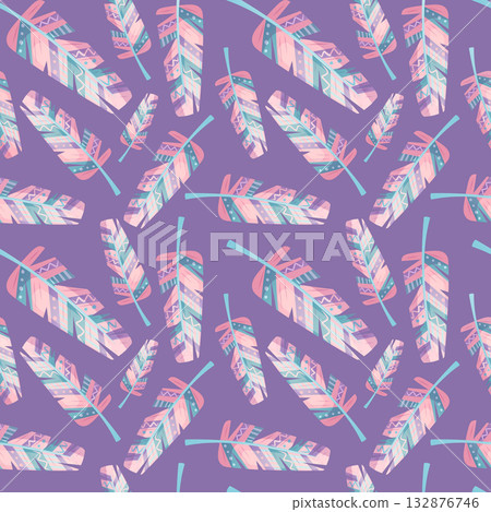 Seamless pattern of colorful bird feathers. Abstract background. Cartoon vector illustration for the design of postcards, posters, banners, websites, and printing. 132876746