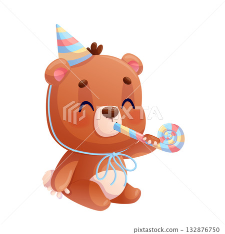 Funny happy cute bear is sitting in a festive hat on a white background. The concept of congratulations, birthday. Cartoon children's vector illustration for the design of postcards, cards, stickers 132876750
